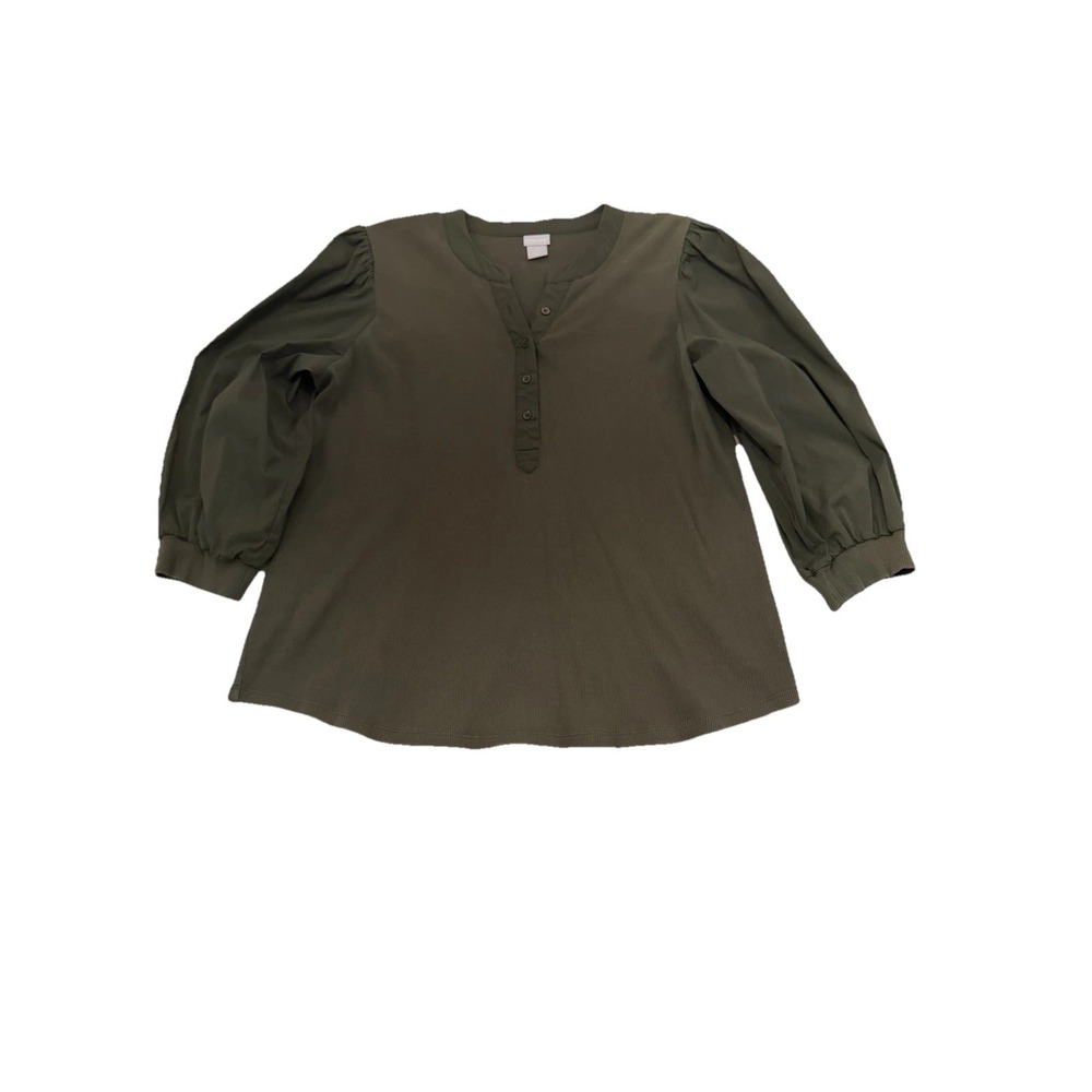 Chico's Long Sleeve Blouse‎ Green Short Button Placket Size 3